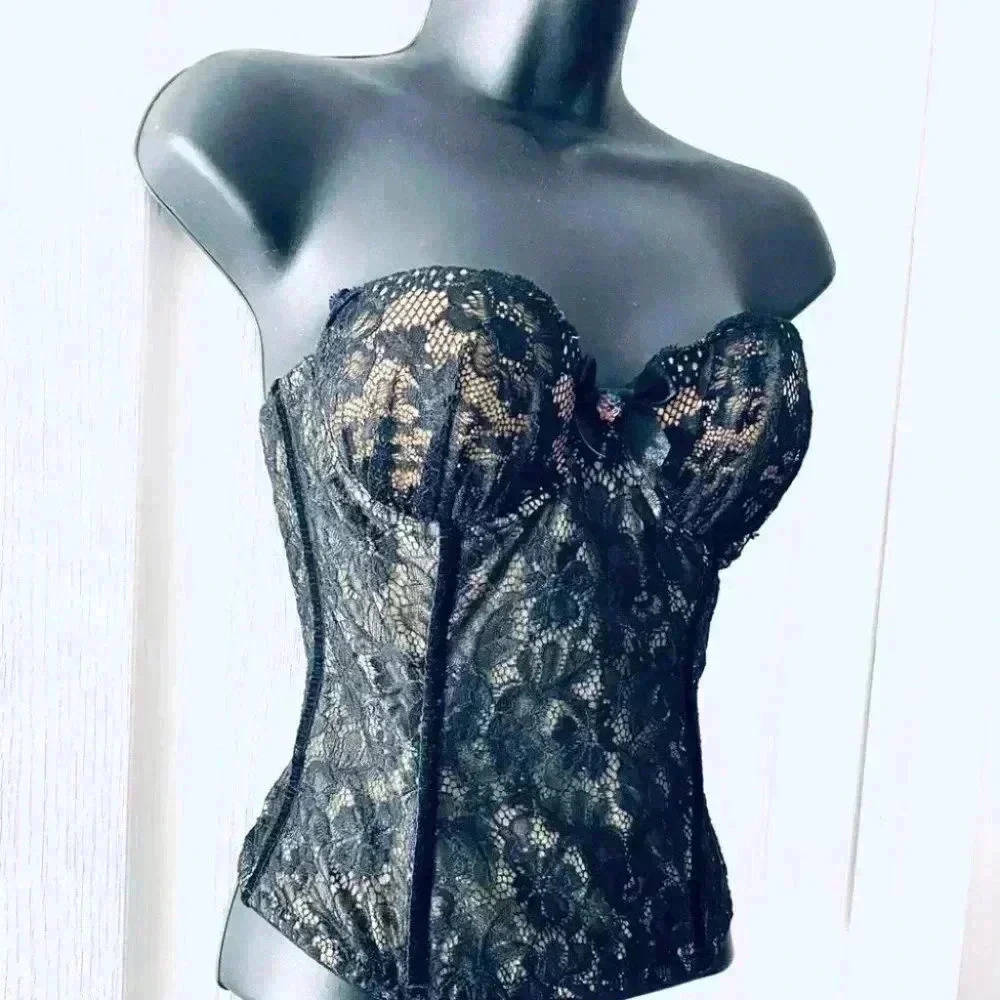 BUSTIER BLACK LACE MESH & VELVET Size M